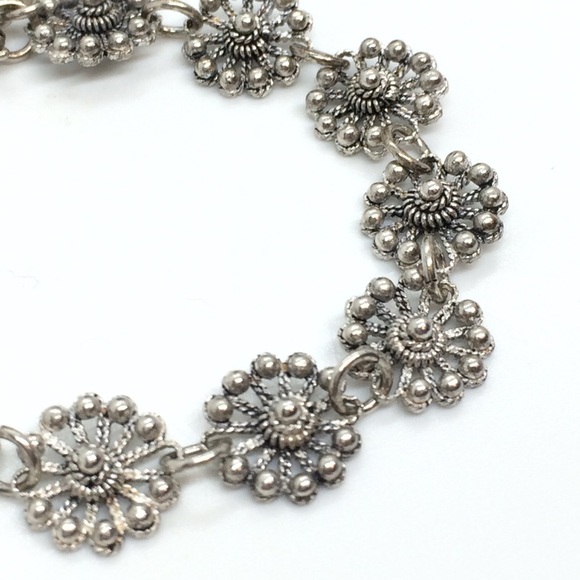 VINTAGE 925 STERLING SILVER FLOWER FILIGREE BRACELET OPEN WORK DAINTY FEMININE - Picture 3 of 10